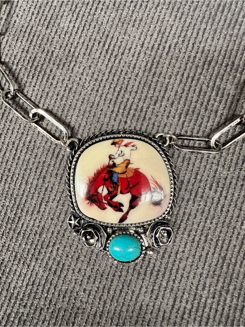 Bucking horse cabachon necklace silver tone western